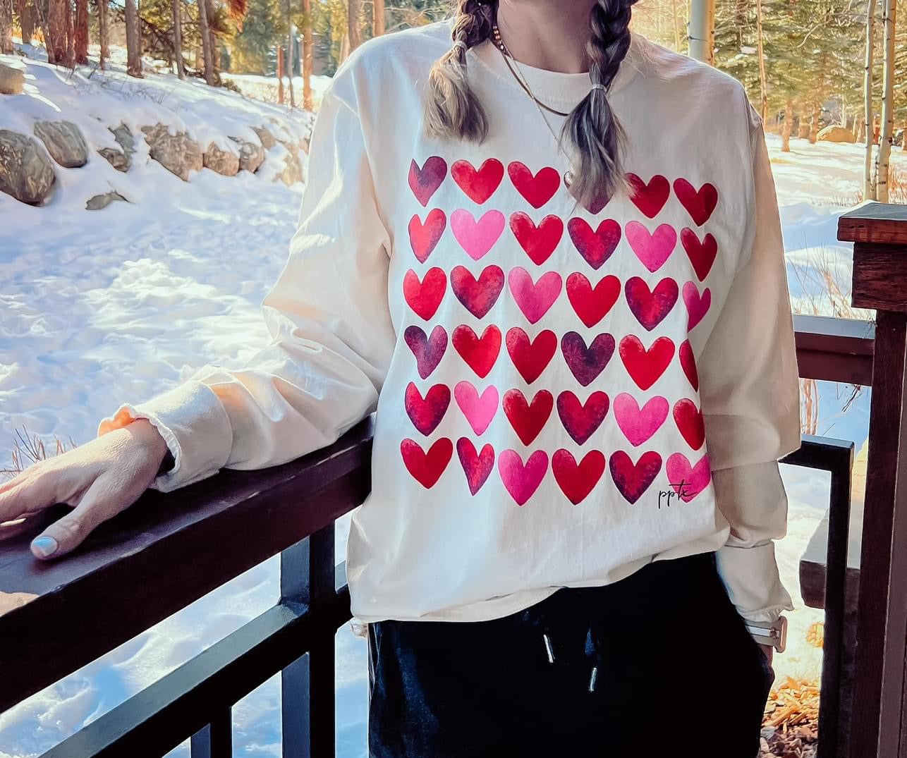 (S & 3X) Watercolor Hearts Long Sleeve