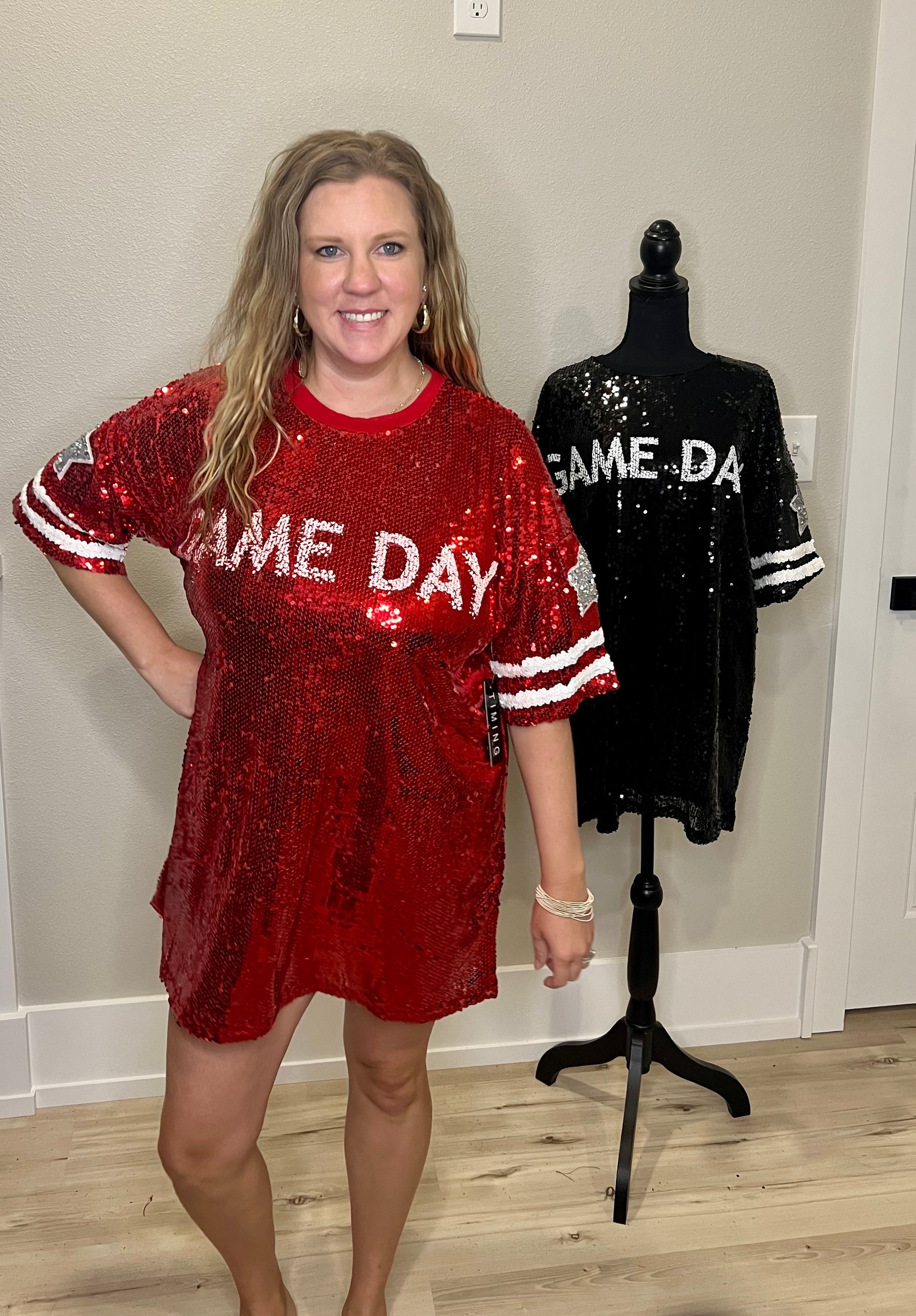 red game day dress M) Red Sequin Game Day Dress – Cheeky Threads