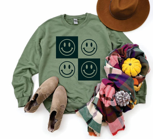 (L & 2X) Olive Smiley Check Sweatshirt