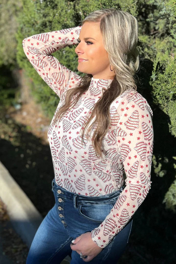 (2X) Snowflakes & Tree Cakes Mesh Top