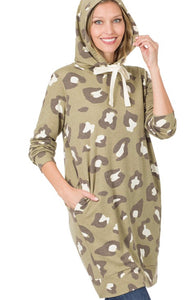 Olive Leopard Hoodie Dress