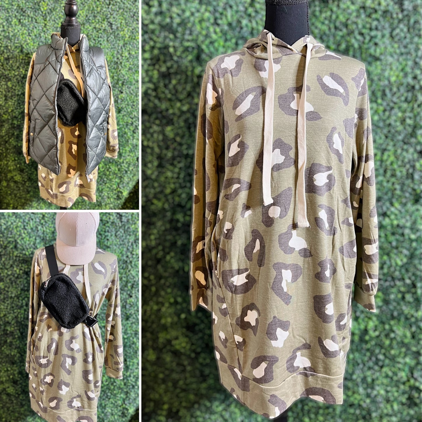 Olive Leopard Hoodie Dress