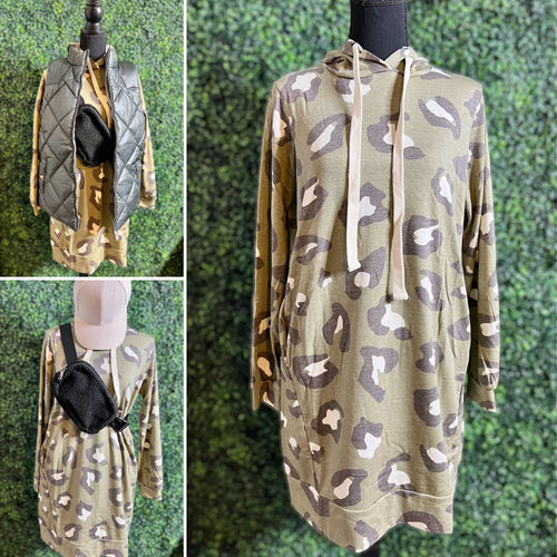 Olive Leopard Hoodie Dress