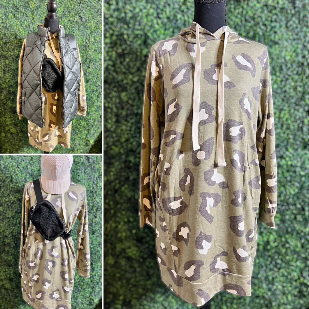 Olive Leopard Hoodie Dress