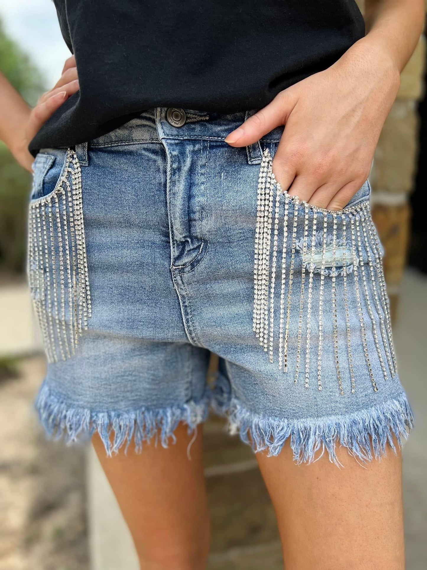(2X & 3X) Zeppelin Fringe Rhinestone Shorts