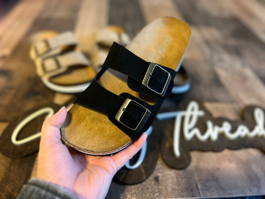 (8)Corky's Black Suede Slides